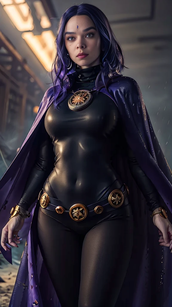 1girl, cowboy shot of rvn, hotraven, pale skin, black swimsuit, turtleneck, tights, cape, glowing eyes, gold belt, jewels, medallion, (big breasts),(athletic and fit body), looking at viewer, night, dark forest, mist, fog, volumetric lighting, best quality, masterpiece, intricate details, tonemapping, sharp focus, hyper detailed, realistic