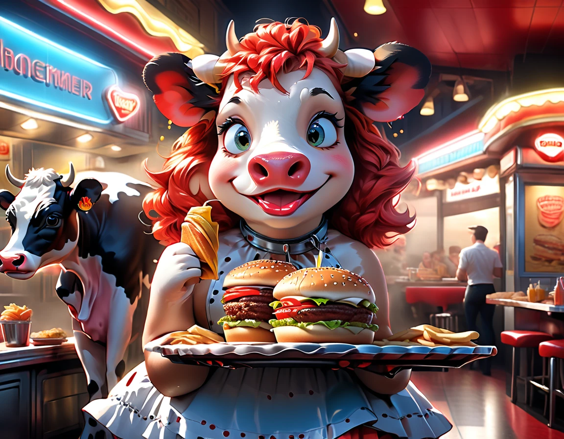 a 3D digital painting picture of extremely beautiful  (anthropomorphic cow:1.3) ((serving a big hamburger on a tray: 1.3)) in an American diner, an exquisite beautiful female (cow anthropomorphic:1.3), ultra feminine ultra detailed face, red hair, short hair, little fury, red lips, blue eyes, wearing sexy white seductive latex dress, looking at a American  kitchen background,  dynamic angle, , award winning, best quality, high quality, high details, highres, vibrant, Ultra-high resolution, High Contrast, (masterpiece:1.5), highest quality, Best aesthetics, best details, best quality, highres, ultra wide angle, 16k, [ultra detailed], masterpiece, best quality,  photorealistic, 3D rendering, furry