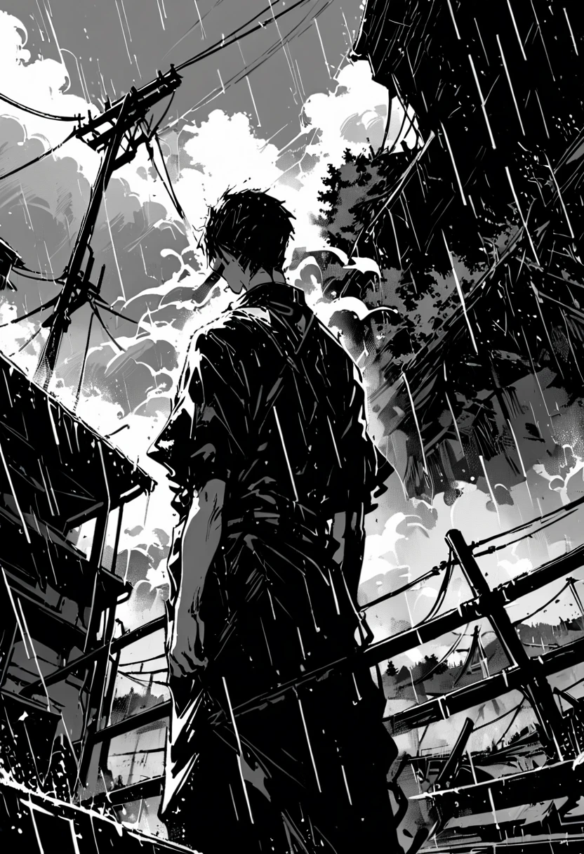 Lonely, arms, eternal, keep, 1 boy, From the back, to smoke, Power lines, landscape, rain, Outdoor, Ushijima-kun