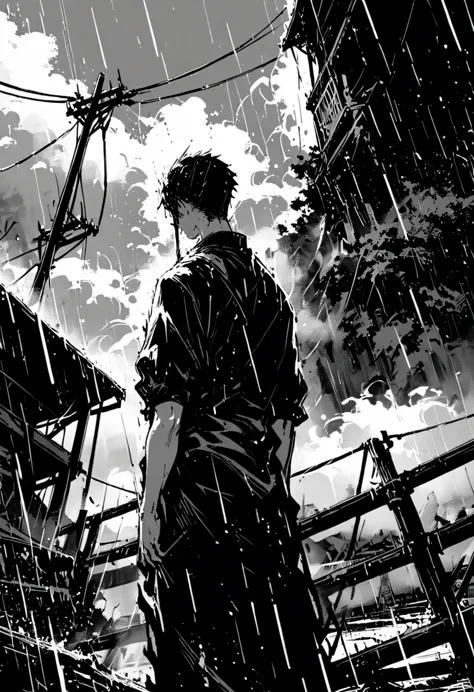 lonely, arms, eternal, keep, 1 boy, from the back, to smoke, power lines, landscape, rain, outdoor, ushijima-kun