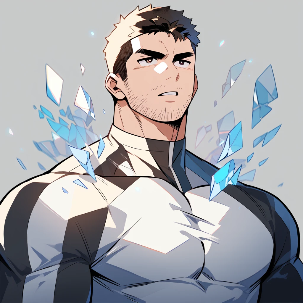 personnages d&#39;anime：Chris Redfield, Étudiant en sports musculaires, Coupe Buzz, Virilité, foyer masculin, T-shirt moulant à manches longues et col haut noir foncé, Matière légèrement transparente, Très serré, rond, muscles de la poitrine pleins et joyeux, Musclé male, Musclé, seulement, Haut du corps, seul, Cheveux courts noirs, sourcils épais, chaume, Pupilles brun-rouge, fond gris, fond simple, qualité incroyable, Meilleure esthétique, Ridicule, coupe ras du cou, lèvres entrouvertes, sourcils en forme de V, jitôme, Meilleure qualité