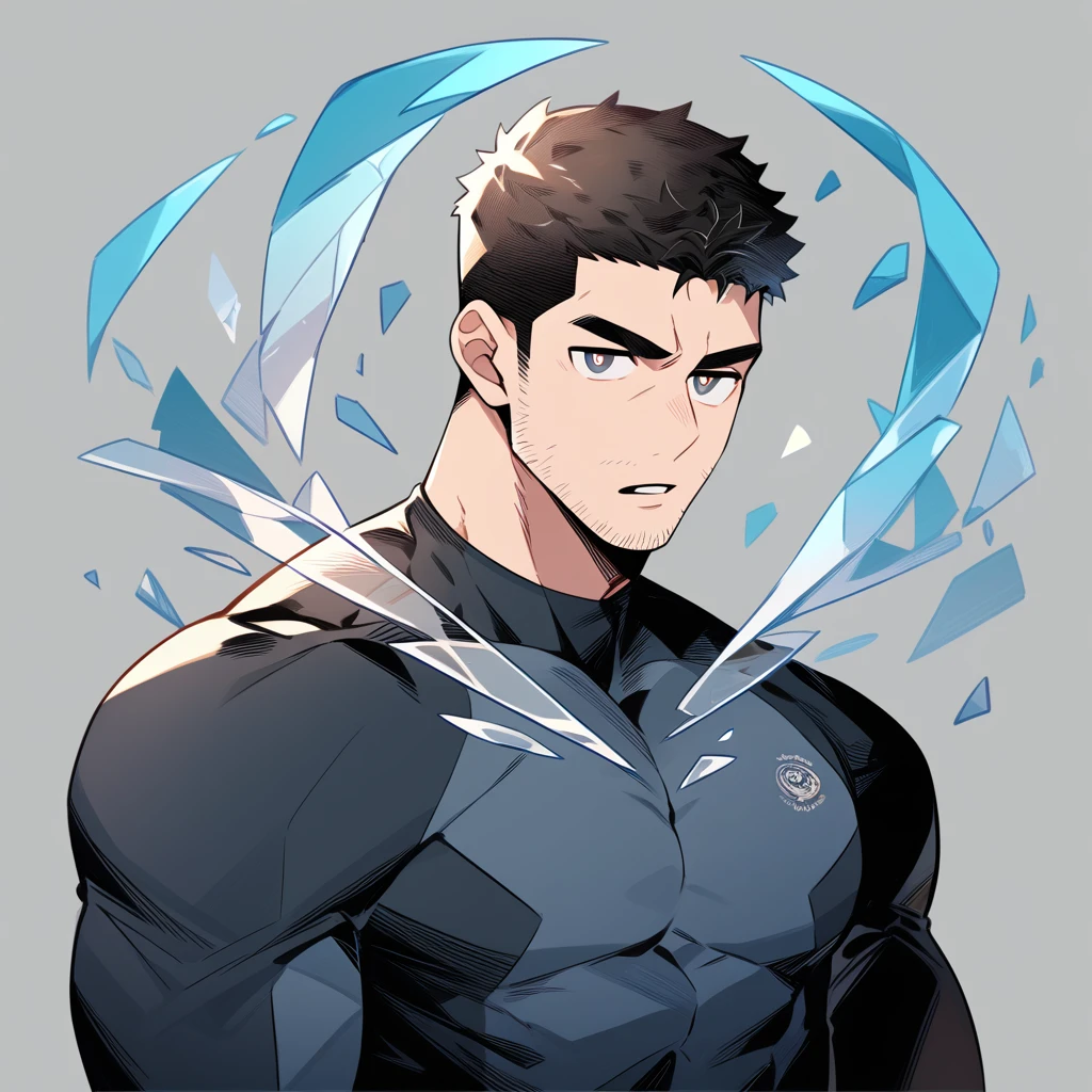 anime characters：Chris Redfield, Muscle Sports Student, Buzz Cut, Manliness, male focus, Dark black high collar long sleeve tight T-shirt, Slightly transparent material, Very tight, Round, full and perky chest muscles, muscular male, muscular, only, Upper body, alone, Black short hair, Thick eyebrows, stubble, Brown-red pupils, Grey background, simple background, amazing quality, best aesthetics, Ridiculous, crew cut, parted lips, v-shaped eyebrows, jitome, best quality