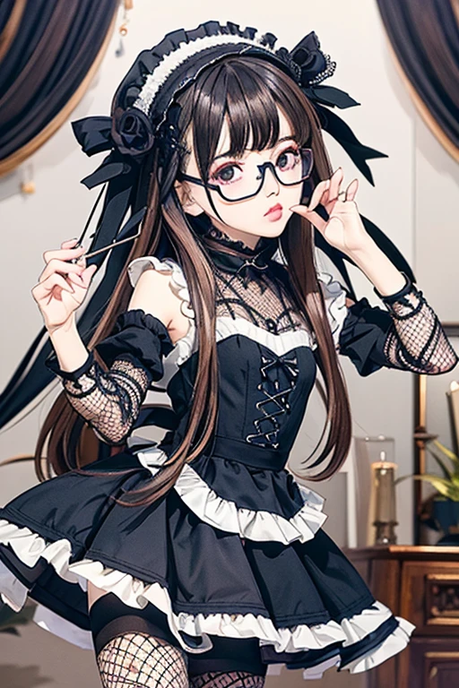 Highest quality、masterpiece、High sensitivity、High resolution、Detailed Description、Slender women、Glasses、Fishnet tights、Gothic Lolita、