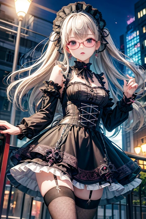 Highest quality、masterpiece、High sensitivity、High resolution、Detailed Description、Slender women、Glasses、Fishnet tights、Gothic Lolita、