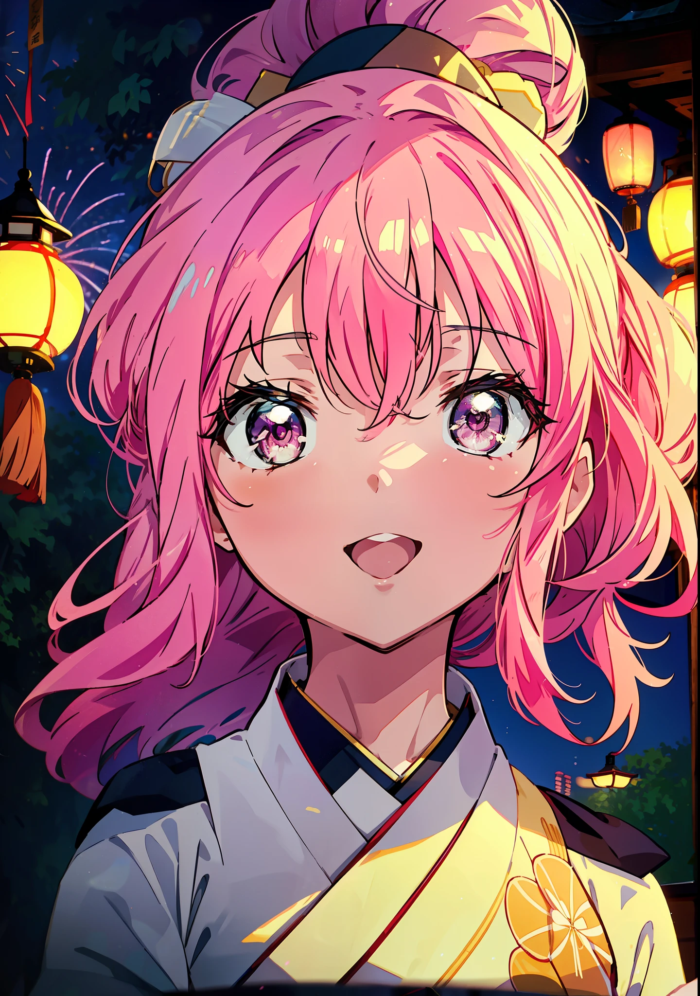 Louise Françoise Le Brun from La V全てiere,Pink Hair,Pink Eyes,Long Hair,ponytail,hair ornaments,happy smile, smile, Open your mouth,White Kimono,Thick sleeves,日本のfestival,夏festivalの屋台,Red Lantern,night,night空のfirework,firework,場所はfirework大会,時間はnightです,sunny day,turn around,まるでwhole bodyがイラストの中にいるかのように,walking,　　　　　　　　　　　　　　　  　　　　　break looking at viewer, whole body, (Cowboy Shot:1. 5),  　　　　　
break outdoors, festival,shrine,
break (masterpiece:1.2), Highest quality, High resolution, unity 8k wallpaper, (shape:0.8), (Beautiful attention to detail:1.6), Highly detailed face, Perfect lighting, Extremely detailed CG, (Perfect hands, Perfect Anatomy),