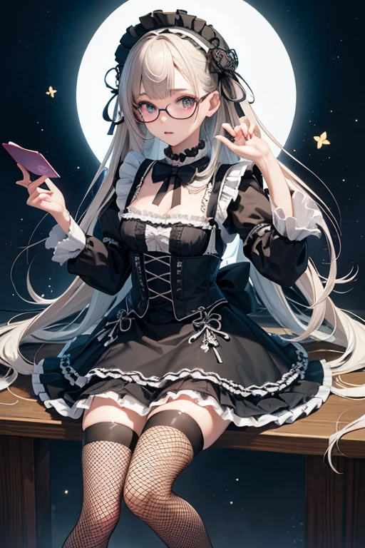 Highest quality、masterpiece、High sensitivity、High resolution、Detailed Description、Slender women、Glasses、Fishnet tights、Gothic Lolita、