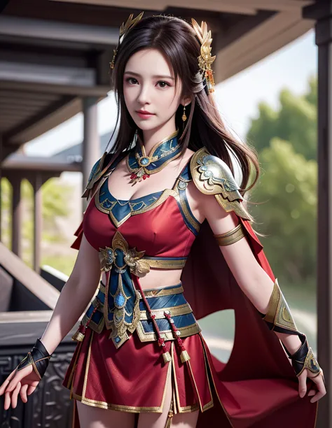 best quality, masterpiece, high resolution, 1girl, ancient chinese battlefield background, metal armor, cape, metal collar, anci...