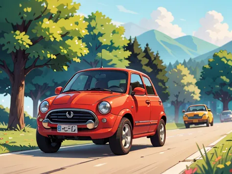 Octane Rendering、(Hyper Detail: 1.2)、(Soft Light、sharp: 1.2)、morning、countryside、A very small old red modified minicar，Front spo...