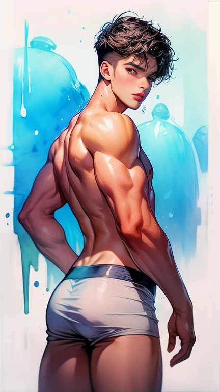 dissolute, very handsome boy shows his ass, a young guy of fifteen years old with round, voluminous buttocks and a thin waist, splashes of white sticky liquid, Tango panties are two sizes too small , bold hairstyle. watercolor, Boys only, Guys, Young man