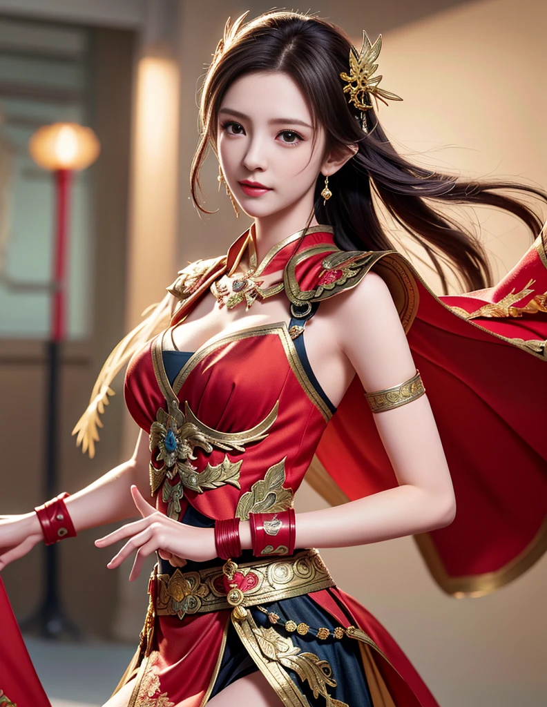 best quality, masterpiece, high resolution, 1girl, ancient chinese battlefield background, metal armor, cape, metal collar, hair ornament, necklace, jewelry, beautiful face, upon_body, tyndall effect, realistic, dark studio, edge lighting, duotone lighting, (high detail skin:1.2), 8k ultra hd, DSLR, soft lighting, high quality, volumetric lighting, frank, photos, high resolution, 4k, 8k, bokeh, light red bikini armor, chest embroidered phoenix, metal cuirass, tight, bare arms, short bracers, stockings,  full body shot