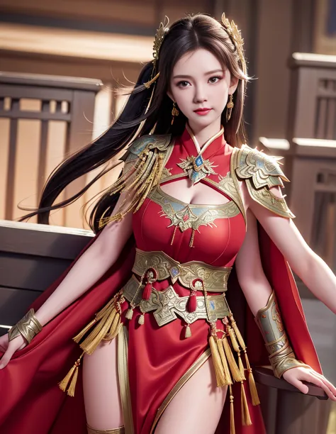 best quality, masterpiece, high resolution, 1girl, full length shot, ancient chinese battlefield background, metal armor, cape, ...