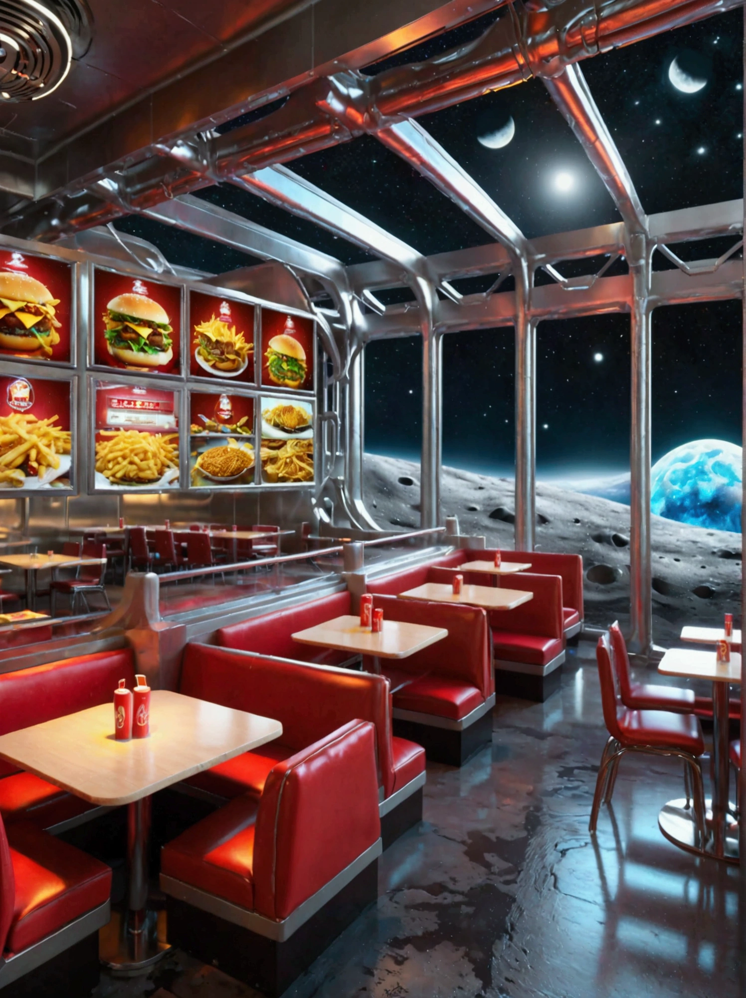 Best quality，8K，high resolution，masterpiece，Ultra Detailed，lifelike，Photorealism，future world，(Vision:1.5)，(A luxurious fast food restaurant on the moon:1.5), (Cyborg female employee:1.5)，(apron)，(Fast food restaurant staff uniforms)，Transparent Mecha，Cyberpunk cyborg woman，doll，Beautiful meticulous eyes，Beautiful delicate lips，Extremely detailed eyes and face，Long eyelashes，Physically Based Rendering，Extremely detailed description，Ultra-detailed paintings，Futuristic interior decoration，Neon，Sharp focus，Vibrant colors，Science Fiction，Concept Art，High-tech atmosphere，Studio Lighting，HDR，Ultra HD，Bokeh