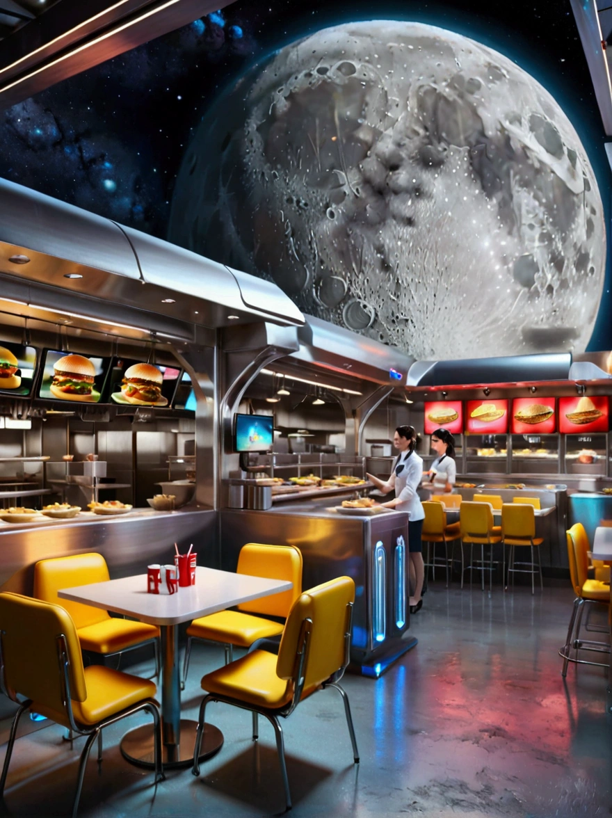 Best quality，8K，high resolution，masterpiece，Ultra Detailed，lifelike，Photorealism，future world，(Vision:1.5)，(A luxurious fast food restaurant on the moon:1.5), (Cyborg female employee:1.5)，(apron)，(Fast food restaurant staff uniforms)，Transparent Mecha，Cyberpunk cyborg woman，doll，Beautiful meticulous eyes，Beautiful delicate lips，Extremely detailed eyes and face，Long eyelashes，Physically Based Rendering，Extremely detailed description，Ultra-detailed paintings，Futuristic interior decoration，Neon，Sharp focus，Vibrant colors，Science Fiction，Concept Art，High-tech atmosphere，Studio Lighting，HDR，Ultra HD，Bokeh