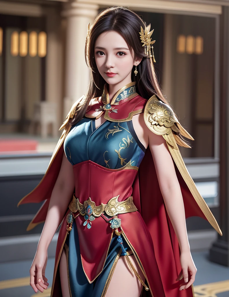 best quality, masterpiece, high resolution, 1girl, full length shot, standing, ancient chinese battlefield background, metal armor, cape, metal collar, hair ornament, necklace, jewelry, beautiful face, upon_body, tyndall effect, realistic, dark studio, edge lighting, duotone lighting, (high detail skin:1.2), 8k ultra hd, DSLR, soft lighting, high quality, volumetric lighting, frank, photos, high resolution, 4k, 8k, bokeh, light red bikini armor, chest embroidered phoenix, metal cuirass, tight, bare arms, short bracers, stockings, 