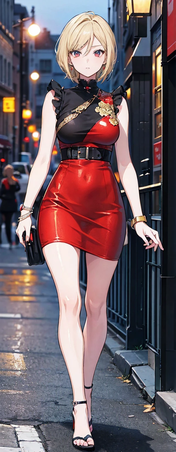 High resolution, High resolution,2D Anime Style,,Cool woman,Mature,,20th generation,short hair,Blonde,Red eyes,Beautiful Watches,Beautiful earrings,Street fashion,Walking,night,