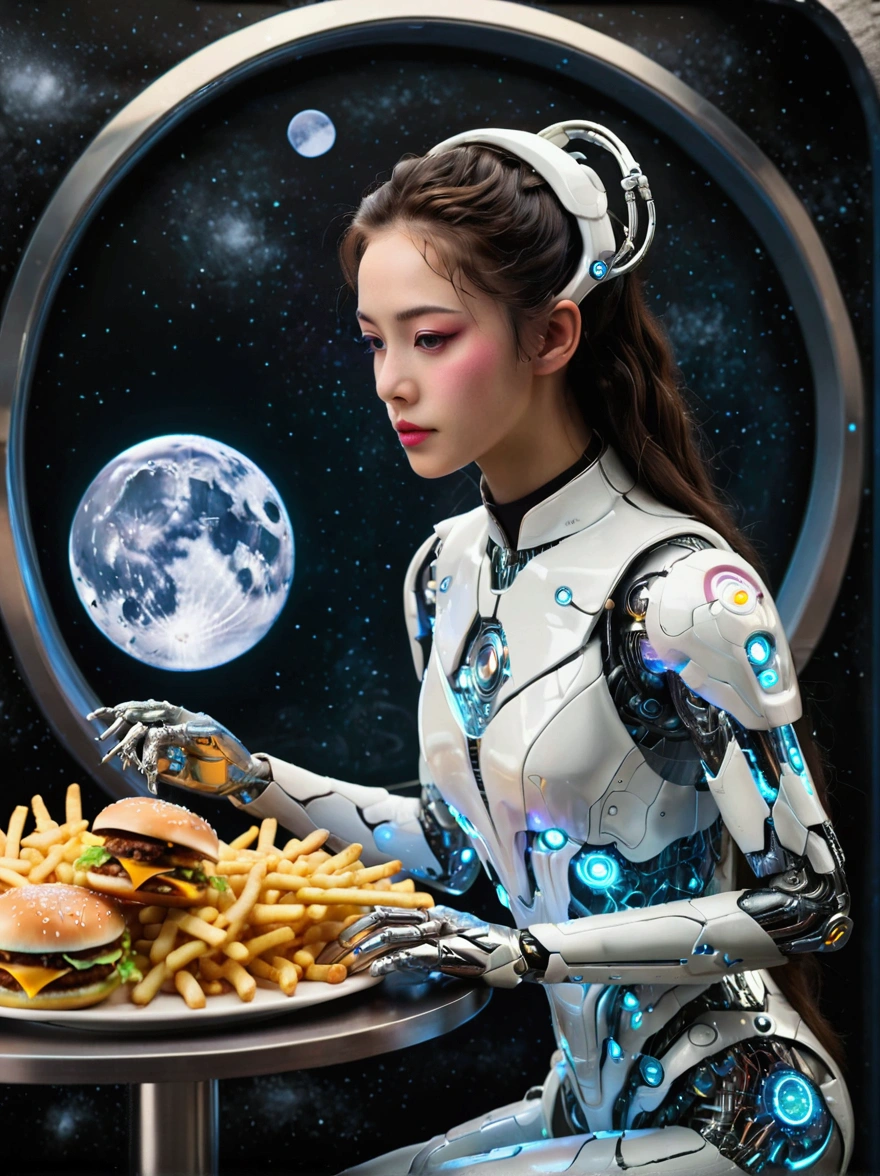 mejor calidad，8K，Alta resolución，obra maestra，ultra detallado，natural，Photorealism，mundo futuro，(Visión:1.5)，(Un lujoso restaurante de comida rápida en la luna:1.2), (Empleada cyborg:1.5)，(delantal)，(Uniformes del personal del restaurante de comida rápida.:1.3)，Mecha transparente，Mujer cyborg cyberpunk，muñeca，Hermosos ojos meticulosos，Labios hermosos y delicados，ojos y rostro extremadamente detallados，Pestañas largas，Representación basada físicamente，descripción extremadamente detallada，Pinturas ultradetalladas，Decoración de interiores futurista，neón，enfoque nítido，Colores vibrantes，ciencia ficción，Arte conceptual，atmósfera de alta tecnología，iluminación de estudio，hdr，ultra alta definición，bokeh