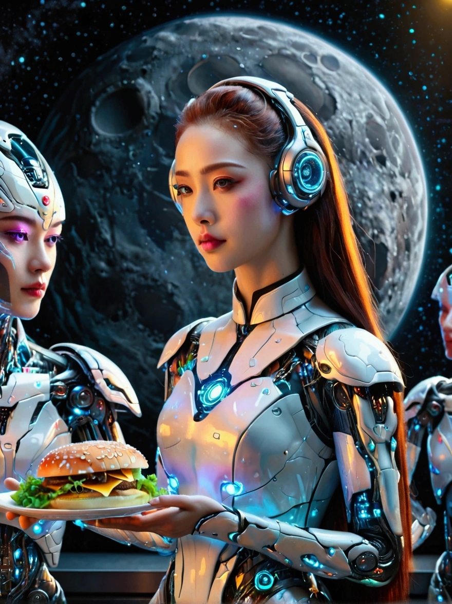 mejor calidad，8K，Alta resolución，obra maestra，ultra detallado，natural，Photorealism，mundo futuro，(Visión:1.5)，(Un lujoso restaurante de comida rápida en la luna:1.2), (Empleada cyborg:1.5)，(delantal)，(Uniformes del personal del restaurante de comida rápida.:1.3)，Mecha transparente，Mujer cyborg cyberpunk，muñeca，Hermosos ojos meticulosos，Labios hermosos y delicados，ojos y rostro extremadamente detallados，Pestañas largas，Representación basada físicamente，descripción extremadamente detallada，Pinturas ultradetalladas，Decoración de interiores futurista，neón，enfoque nítido，Colores vibrantes，ciencia ficción，Arte conceptual，atmósfera de alta tecnología，iluminación de estudio，hdr，ultra alta definición，bokeh