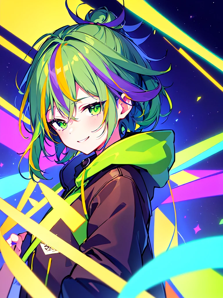 [(GALAXY BACKGROUND:1.5),::5], ((((masterpiece)))), high quality, ultra very high resolution, full color, (((solo))), ((little boy)), Purple hair, ((Green streaked hair)), (Green eyes), anime, ((upper body)), neon light, black parka, smile