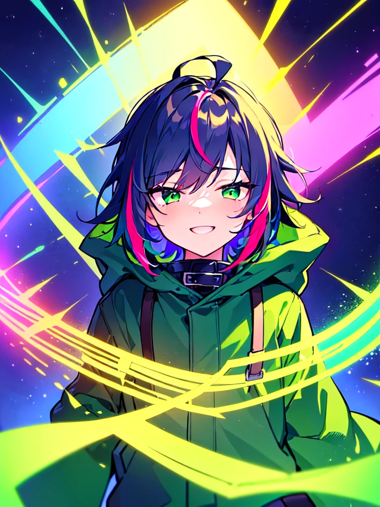 [(GALAXY BACKGROUND:1.5),::5], ((((masterpiece)))), high quality, ultra very high resolution, full color, (((solo))), ((little boy)), Purple hair, ((Green streaked hair)), (Green eyes), anime, ((upper body)), neon light, black parka, smile