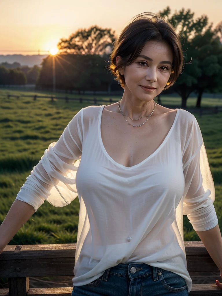 (masterpiece:1.4),(mature woman : 1), (old woman : 1), (((Beautiful 67 year old woman:1.5))),(Facial wrinkles : 1.2),(half-dressed white sheer linen shirt with front open : 1.2), jeans, blanket, simple necklace, (plump body : 1.1), extremely white skin, pores, skin blemishes, dull skin, gentle smile, messy short hair, enormous saggy breasts, (hanging breasts), soft flabby breasts, on a barn, detailed backgrounds, sunrise, backlighting, (focus on her breasts)