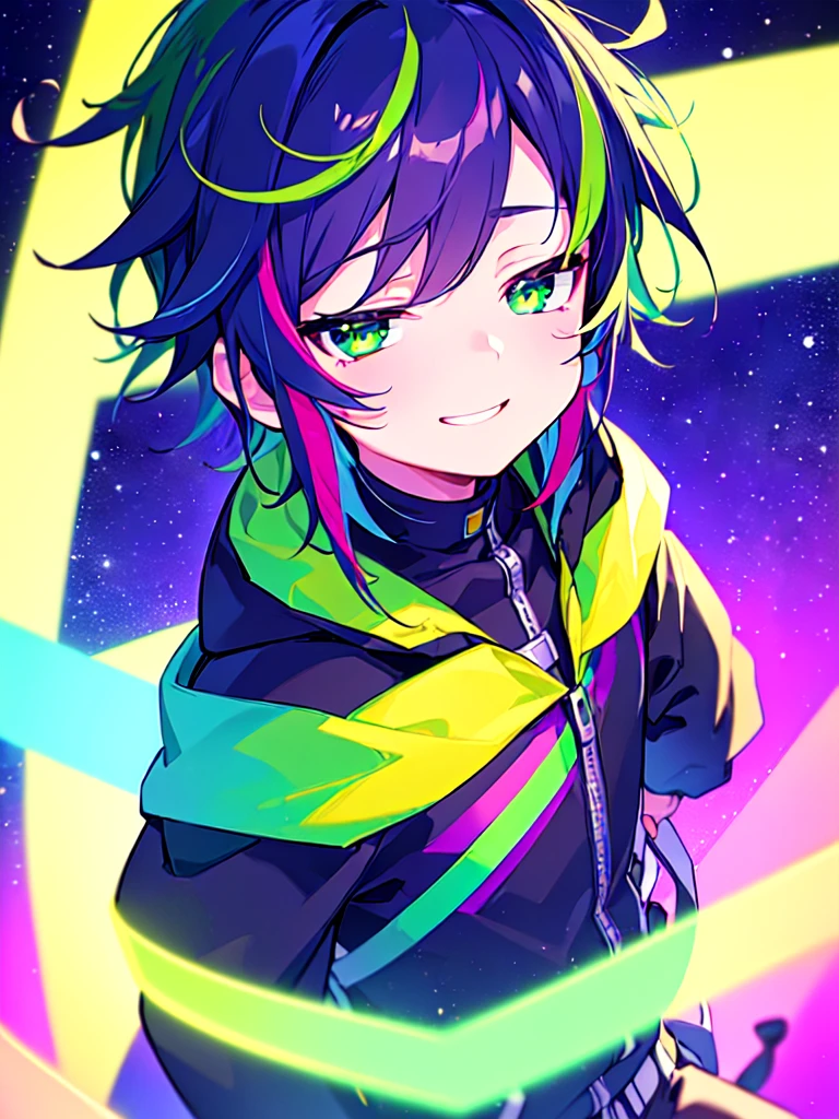 [(GALAXY SUMMER BACKGROUND:1.5),::5], ((((masterpiece)))), high quality, ultra very high resolution, full color, (((solo))), ((little boy)), Purple hair, ((Green streaked hair)), (Green eyes), anime, ((upper body)), neon light, black parka, smile