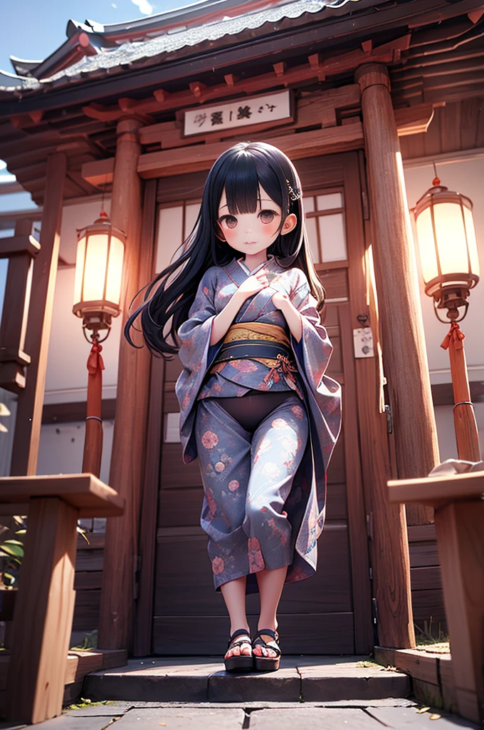 Girls under 8 years old, Height under 100, kimono, Small breasts, Patterned cotton panties, Fabric Real, Black Hair, kimono, Old shrine