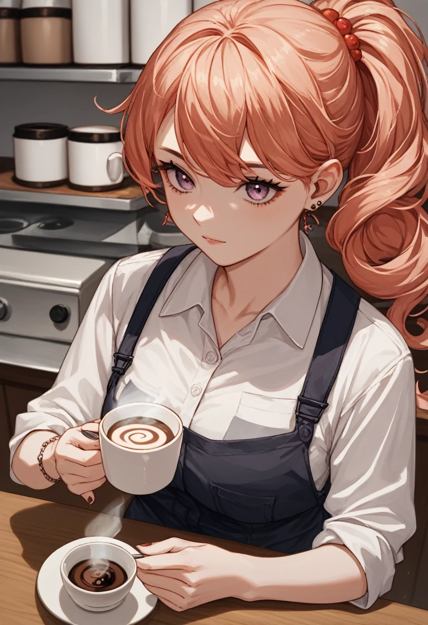 A cup filled with freshly brewed coffee, coffee beans scattered around, a shiny reflection on the surface,score_9,score_8_up,source_anime
