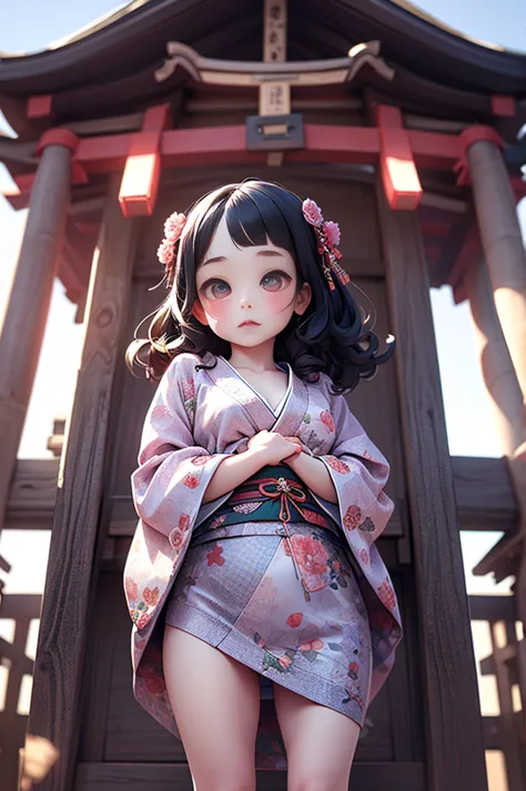 girls under 8 years old, height under 100, kimono, small breasts, patterned cotton panties, fabric real, black hair, kimono, old...