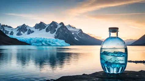 full realistic, masterpiece, raw arafed bottle of agua sitting on a rock near a body of agua, crystal agua, mountain agua, beaut...