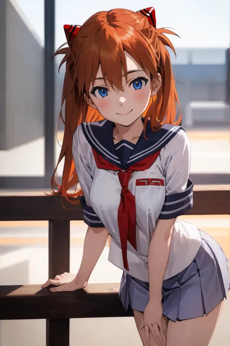 asuka, blue eyes, orange hair,,, serafuku,uniform,miniskirt
(best quality, masterpiece, raw photo,ultra-detailed:1.2), 1girl,sol...