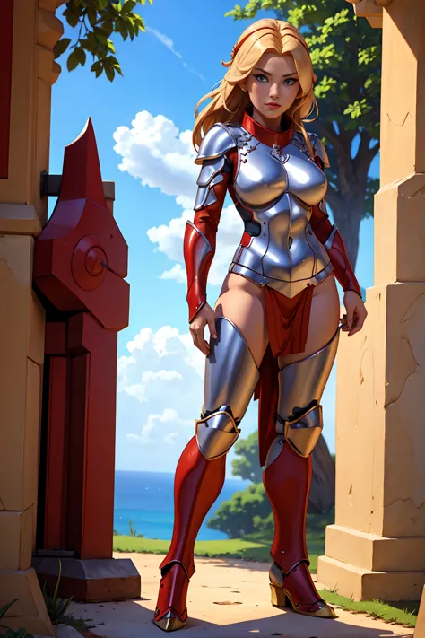 ((Full body photo, standing, feet on the floor))  a woman in a red and silver outfit standing in front of a tree, bikini armor f...