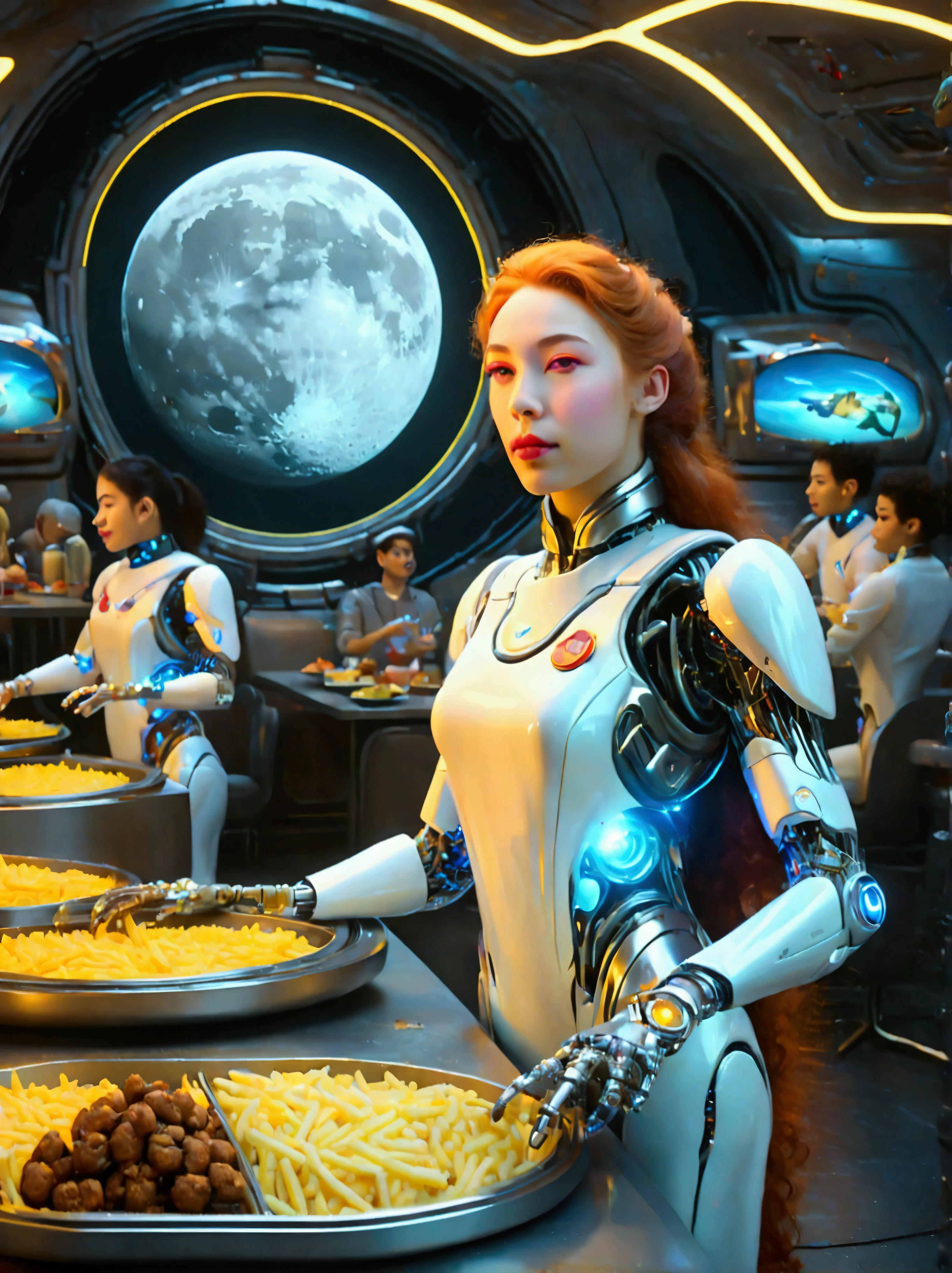 Best quality，8K，high resolution，masterpiece，Ultra Detailed，lifelike，Photorealism，future world，(Vision:1.5)，(A luxurious fast food restaurant on the moon:1.2), (Cyborg female employee:1.5)，(apron)，(Fast food restaurant staff uniforms:1.3)，Transparent Mecha，Cyberpunk cyborg woman，doll，Beautiful meticulous eyes，Beautiful delicate lips，Extremely detailed eyes and face，Long eyelashes，Physically Based Rendering，Extremely detailed description，Ultra-detailed paintings，Futuristic interior decoration，Neon，Sharp focus，Vibrant colors，Science Fiction，Concept Art，High-tech atmosphere，Studio Lighting，HDR，Ultra HD，Bokeh