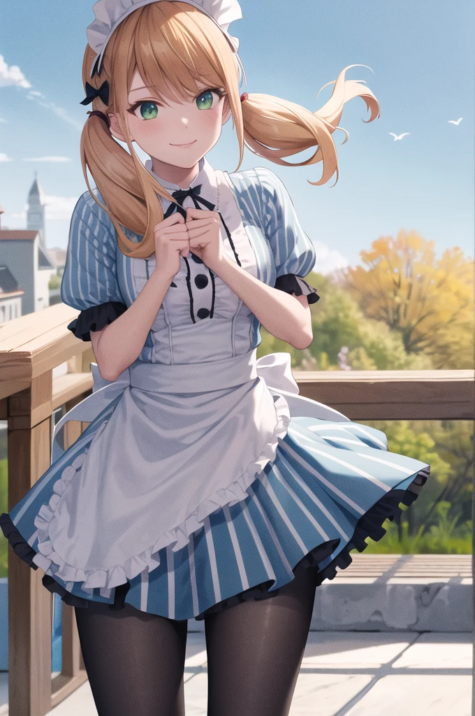 masterpiece, best quality, highres, 1girl, solo, blonde hair, low twintails, maid headdress, upper body, hair bow, green eyes, neck ribbon, frills, vertical stripes, blue dress, short sleeves, apron, black pantyhose, standing, cowboy shot, outdoors, smile