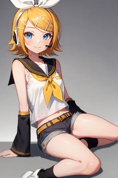 rin kagamine, blonde hair, blue eyes, hair bow, headset, short hair, headphones,
bare shoulders, belt, black sailor collar, blac...