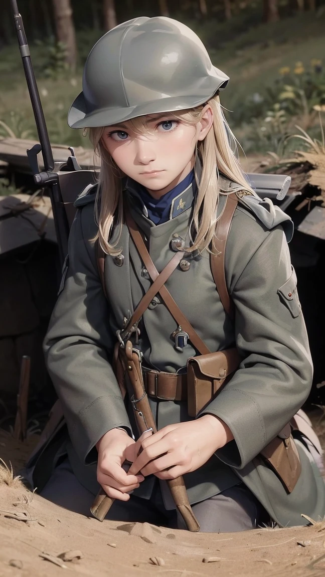 (masterpiece), best quality, expressive eyes, perfect face, All quiet on western Front, man, trenches, dirty, uniform, realistic, HD, Rifle, Orlando Bloom, big bag, French army, regiment, France, defending position, pov, Far view, shot, shooting, fighting