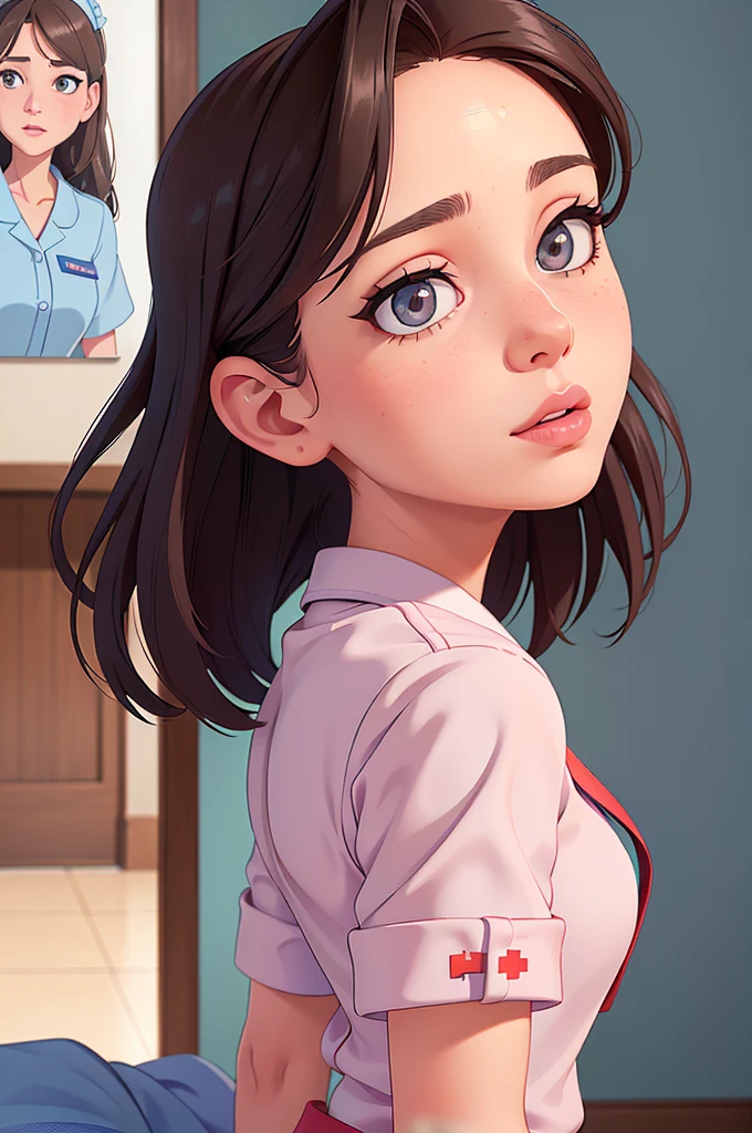 (a woman:1.1) A girl in a nurse uniform (from behind) (Best Quality,4k,8k,high resolution,Masterpiece:1.2), (realist,photorealist,photo-realist:1.37), ultra detailed, (professional:1.1) que incluande (a beautiful face) with (Extremely detailed eyes) and (beautiful detailed lips). the girl is seen (From a third person perspective:1.1), focusing on the (nurse&#39;s ass) in a (sexand:0.9) form. The nurse wears a (appropriate white uniform) with a (stethoscope) around your neck. The scene is (brightly lit) with (soft natural lighting) highlighting the girl and the nurse. The work of art must have a (realist) standle and vibrant colors to create a (natural) Atmosphere.