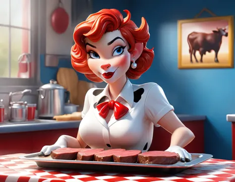 a 3d digital painting picture of extremely beautiful  (anthropomorphic cow:1.3) serving a big juicy steak on a tray in american ...