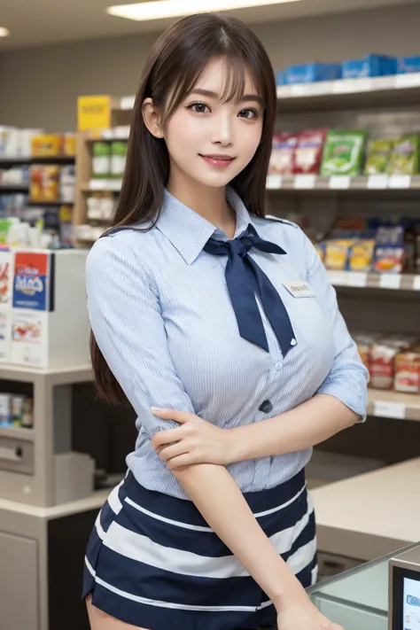 Convenience store clerk cashier , Highest quality, shape, Very detailed, In detail, High resolution, 8k wallpaper, Perfect dynam...