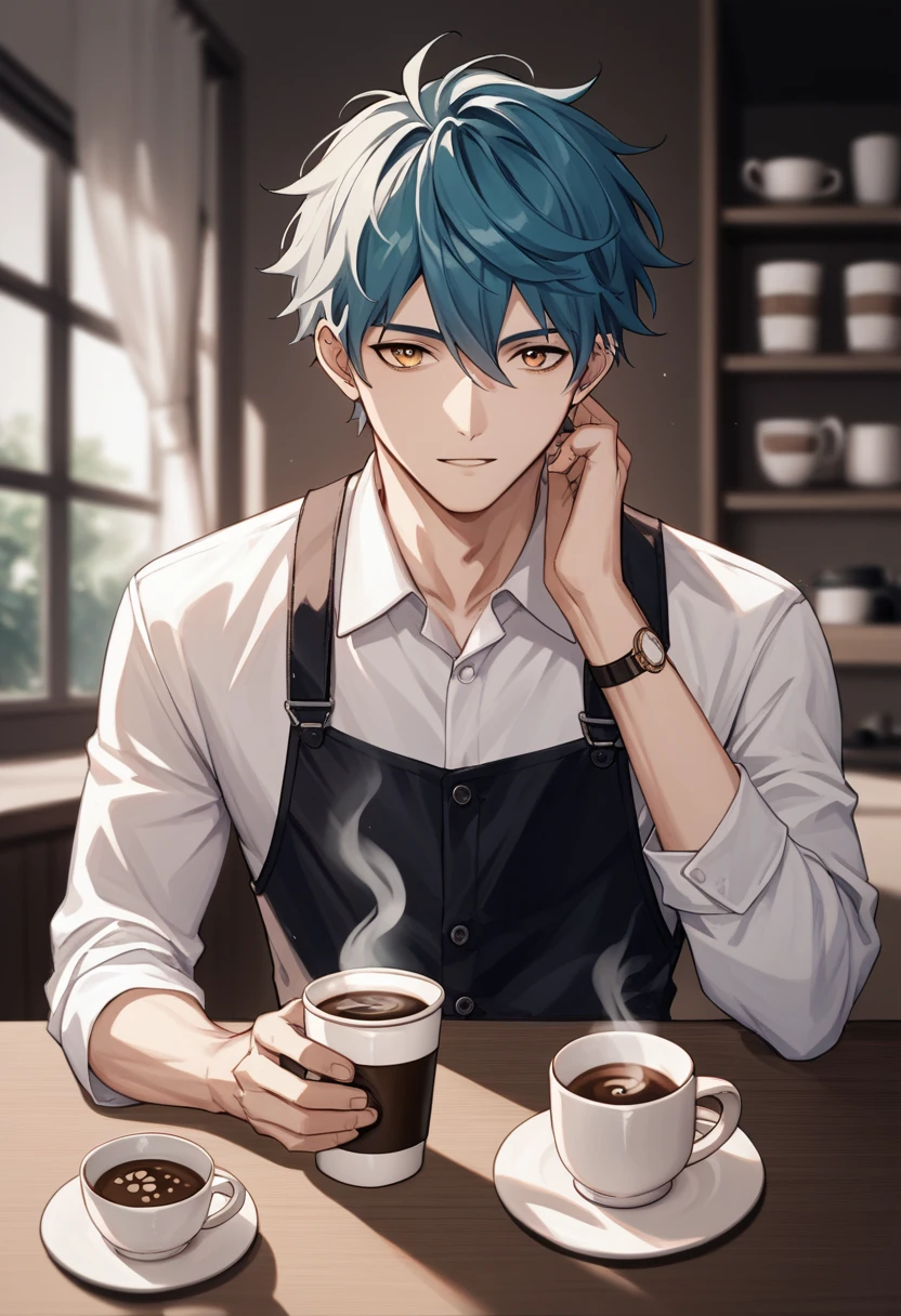 male, A cup filled with freshly brewed coffee, coffee beans scattered around, a shiny reflection on the surface,score_9,score_8_up,source_anime
