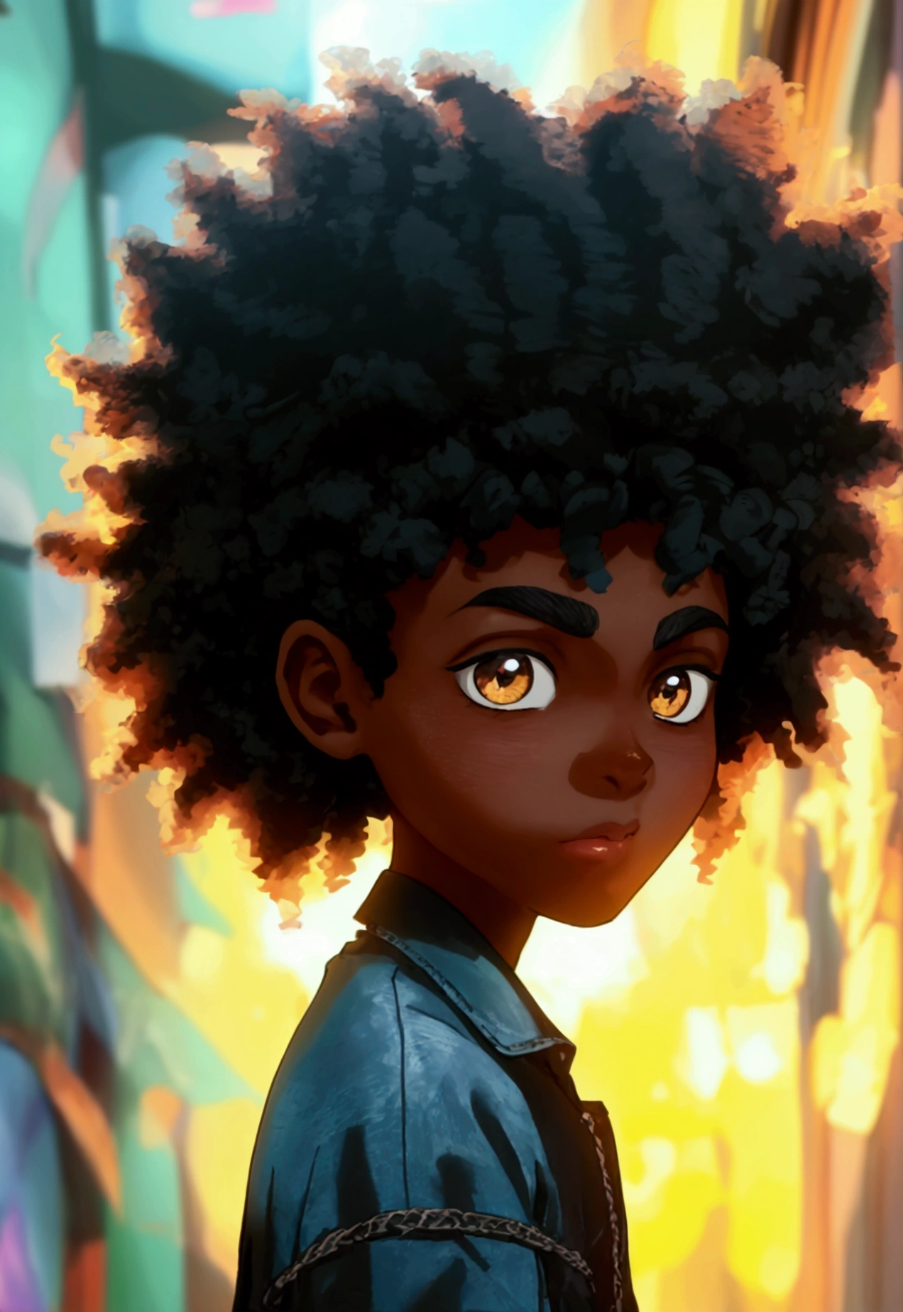 a 16-year-old boy with an average height of 1.80 cm, facial features of mixed origin, such as an aquiline nose and full lips, inherited from his African ancestry, and more refined features from the white side of his heritage. Her hair is an explosion of frizzy Afro-style curls, reaching almost to her shoulders, and is a deep black color, highlighted by the brown tones of her eyes. To make the look more youthful and lively, give it a caricature look, with exaggerated and expressive features, such as bouncy eyebrows and large shiny eyes. He adds a tight shirt and ripped jeans, showing off his emerging muscles and making it clear that he is confident and proud of his unique appearance.