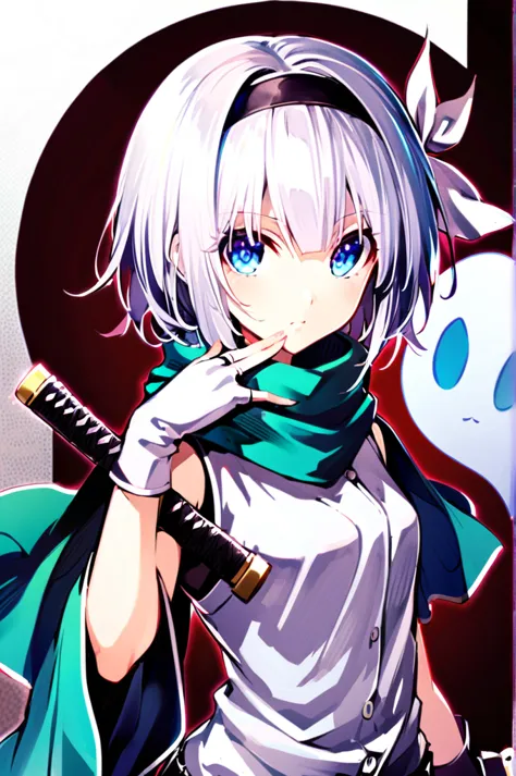 1girl, solo, konpaku youmu, konpaku youmu (ghost), white hair, short hair, katana, alternate costume, hairband, blue eyes, black...