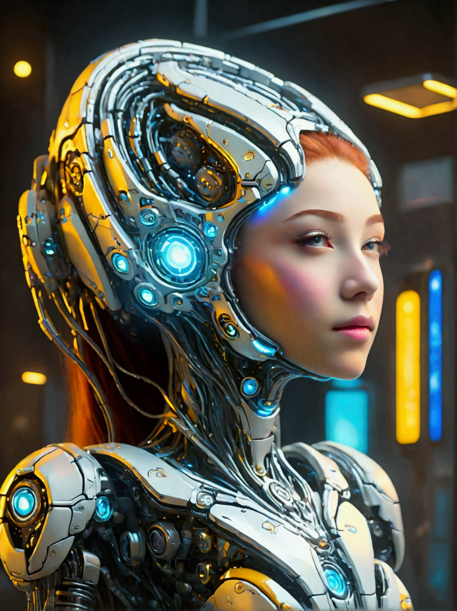 Best quality，8K，high resolution，masterpiece，Ultra Detailed，lifelike，Photorealism，future world，(Vision:1.5)，(A luxurious fast food restaurant on the moon:1.2), (Cyborg female employee:1.5)，(apron)，(Fast food restaurant staff uniforms:1.3)，Transparent Mecha，Cyberpunk cyborg woman，doll，Beautiful meticulous eyes，Beautiful delicate lips，Extremely detailed eyes and face，Long eyelashes，Physically Based Rendering，Extremely detailed description，Ultra-detailed paintings，Futuristic interior decoration，Neon，Sharp focus，Vibrant colors，Science Fiction，Concept Art，High-tech atmosphere，Studio Lighting，HDR，Ultra HD，Bokeh