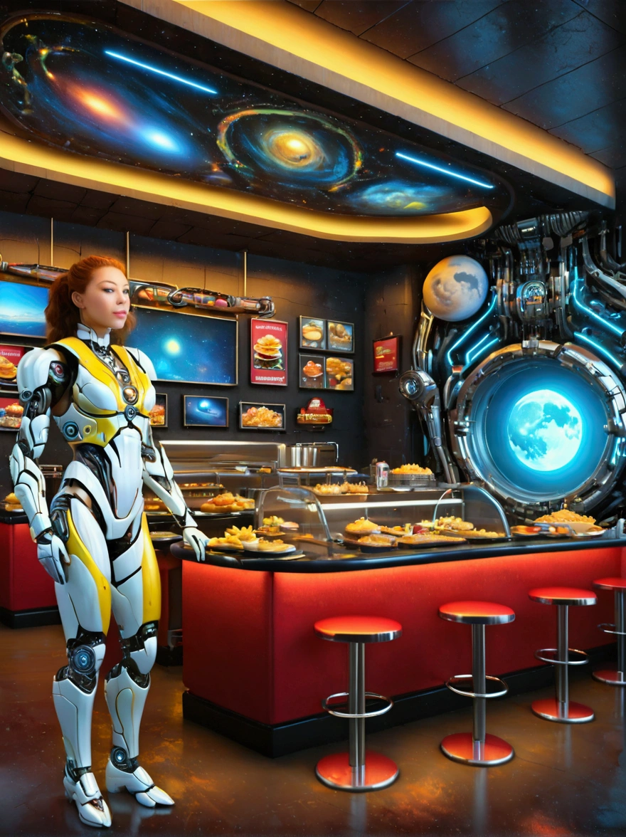 Best quality，8K，high resolution，masterpiece，Ultra Detailed，lifelike，Photorealism，future world，(Vision:1.5)，(A luxurious fast food restaurant on the moon:1.2), (Cyborg female employee:1.5)，(apron)，(Fast food restaurant staff uniforms:1.3)，Transparent Mecha，Cyberpunk cyborg woman，doll，Beautiful meticulous eyes，Beautiful delicate lips，Extremely detailed eyes and face，Long eyelashes，Physically Based Rendering，Extremely detailed description，Ultra-detailed paintings，Futuristic interior decoration，Neon，Sharp focus，Vibrant colors，Science Fiction，Concept Art，High-tech atmosphere，Studio Lighting，HDR，Ultra HD，Bokeh