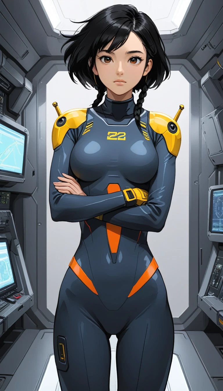 1 Girl、Medium Bust、solo、Black Hair、Braid、Mobile Race Suit、Shoulder Armor、ceiling、Wide Shot、Looking Ahead、Arms crossed、Closed Mouth、Highest quality、medium quality、22 years old、Mobile Trace System、cockpit、Asian、