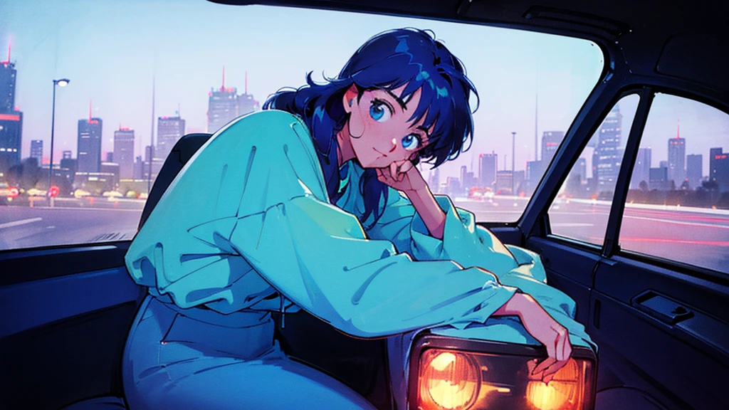 Create an image from the angle inside a car, showing a woman with a thoughtful expression on her face as she gazes out of the side window at the cityscape. The city outside should be visible, illuminated by streetlights and neon signs. Use soft, pastel colors and subtle gradients to capture a dreamy, reflective atmosphere. Ensure the interior of the car feels cozy and comfortable, adding to the overall serene vibe. 80's city pop style.
