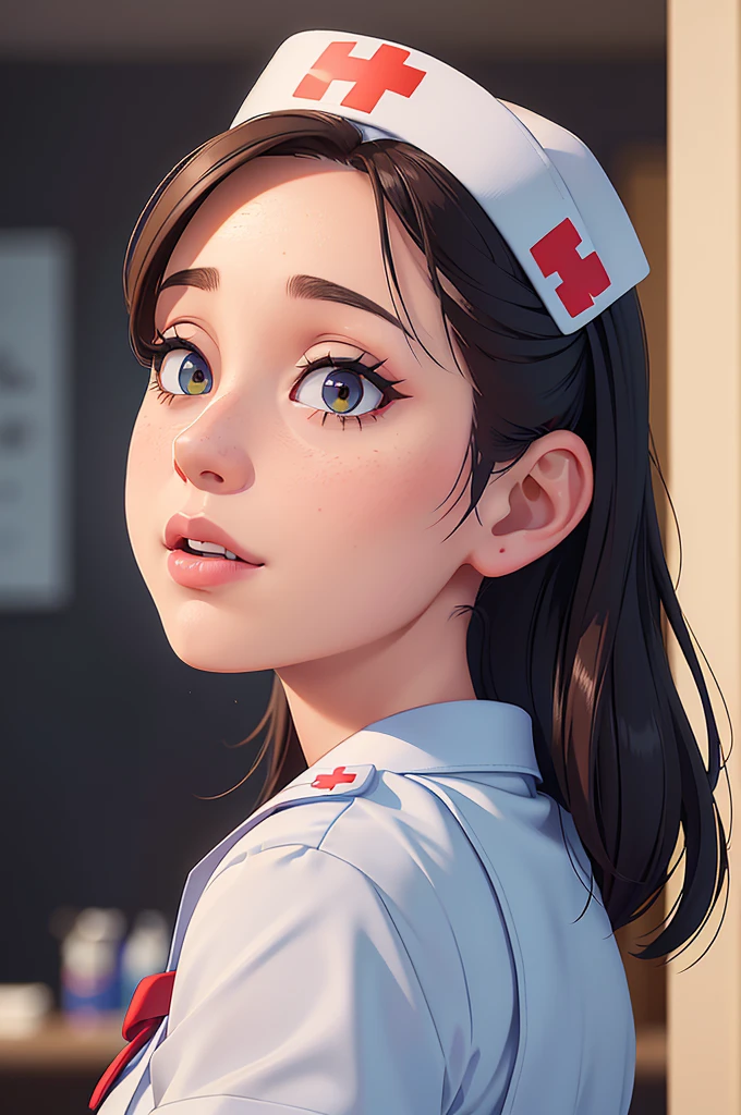 phothorealistic image of (a woman:1.1) A girl in a nurse uniform (from behind) (Best Quality,4k,8k,high resolution,Masterpiece:1.2), (realist,photorealist,photo-realist:1.37), ultra detailed, (professional:1.1) que incluande (a beautiful face) with (Extremely detailed eyes) and (beautiful detailed lips). the girl is seen (From a third person perspective:1.1), focusing on the (nurse&#39;s ass) in a (sexand:0.9) form. The nurse wears a (appropriate white uniform) with a (stethoscope) around your neck. The scene is (brightly lit) with (soft natural lighting) highlighting the girl and the nurse. The work of art must have a (realist) standle and vibrant colors to create a (natural) Atmosphere.