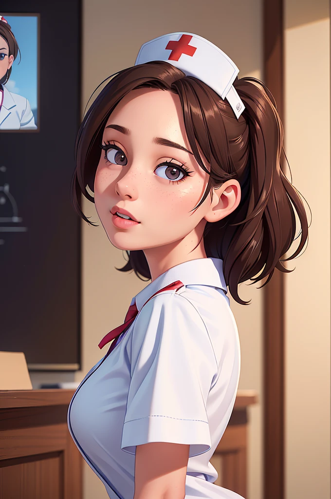 phothorealistic image of (a woman:1.1) A girl in a nurse uniform (from behind) (Best Quality,4k,8k,high resolution,Masterpiece:1.2), (realist,photorealist,photo-realist:1.37), ultra detailed, (professional:1.1) que incluande (a beautiful face) with (Extremely detailed eyes) and (beautiful detailed lips). the girl is seen (From a third person perspective:1.1), focusing on the (nurse&#39;s ass) in a (sexand:0.9) form. The nurse wears a (appropriate white uniform) with a (stethoscope) around your neck. The scene is (brightly lit) with (soft natural lighting) highlighting the girl and the nurse. The work of art must have a (realist) standle and vibrant colors to create a (natural) Atmosphere.