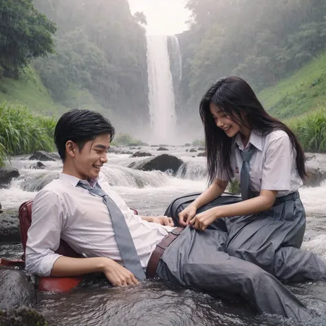 romantic couple. an indonesian man lying on river, it is raining on the right and left sides of the river, there are lush grass,...