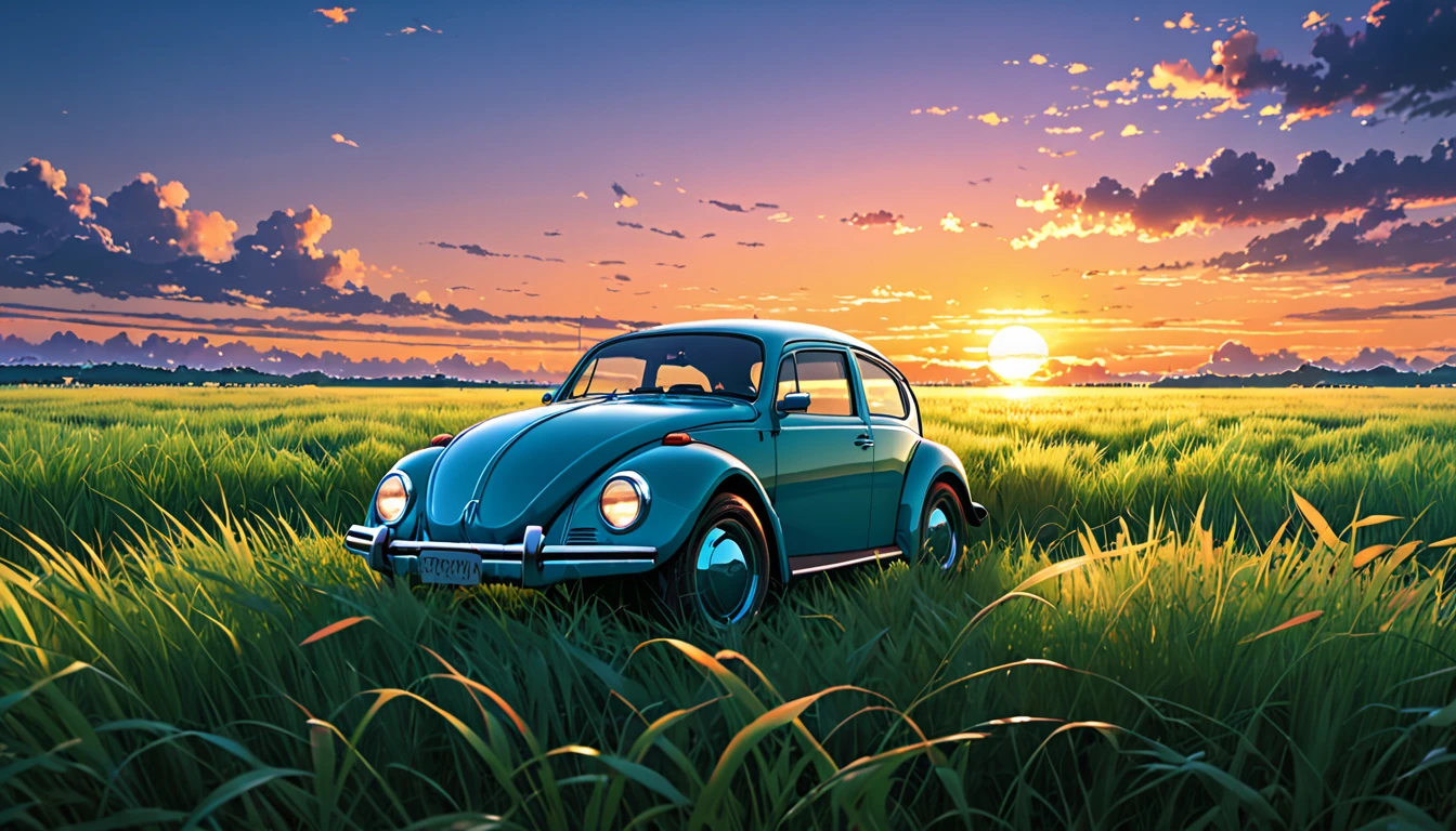 Volkswagen Type 1　Der Käfer、Anime-Szenerie mit einem Mädchen, das im hohen Gras sitzt, mit einem Sonnenuntergang im Hintergrund.schöne Anime-Szene, Schöne Anime-Friedensszenen, Makoto Shinkai Cyril Rolland, schöne Anime-Szene, Tolle Hintergrundbilder, Anime-Kunst-Hintergründe 8K, Anime-Hintergrund, artistic Anime-Hintergrund, Anime-Hintergrundbild 4k, Anime Art 4K Hintergrundbild, Anime-Hintergrundbild 4k,