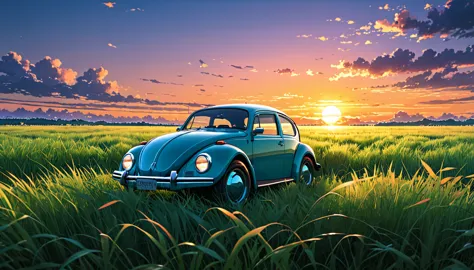 Volkswagen Type 1　The Beetle、Anime scenery of a girl sitting in tall grass with a sunset in the background.Beautiful anime scene...